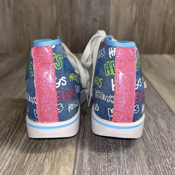Heelys Veloz Girls Blue Denim Pink High Top Youth US Size 2 100908 Roller Shoes - Picture 7 of 11